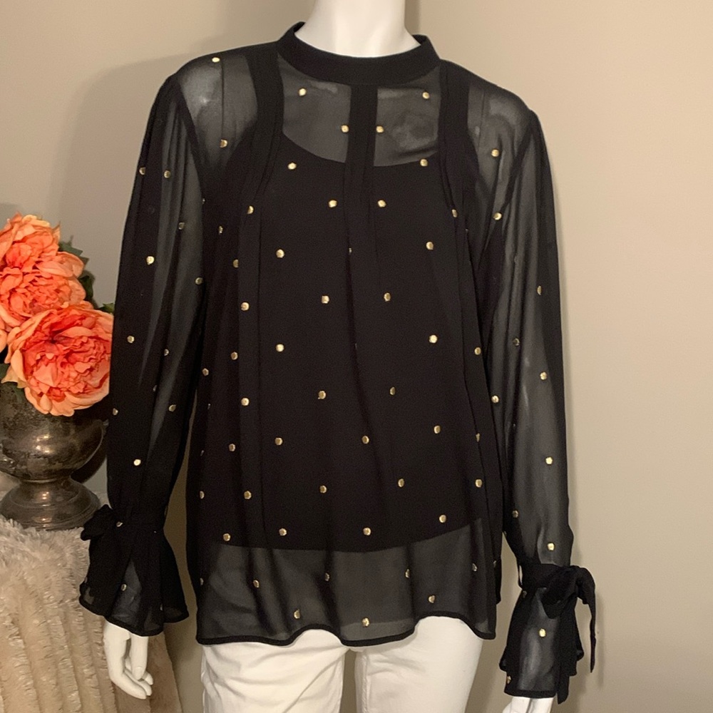 Ann Taylor sheer blouse with gold polka dots XS